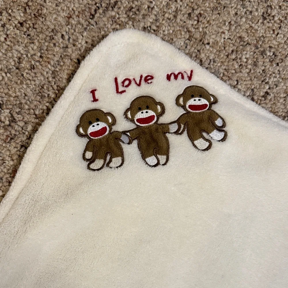 Baby Starters Cream Blanket with Sock Monkey Embroidery